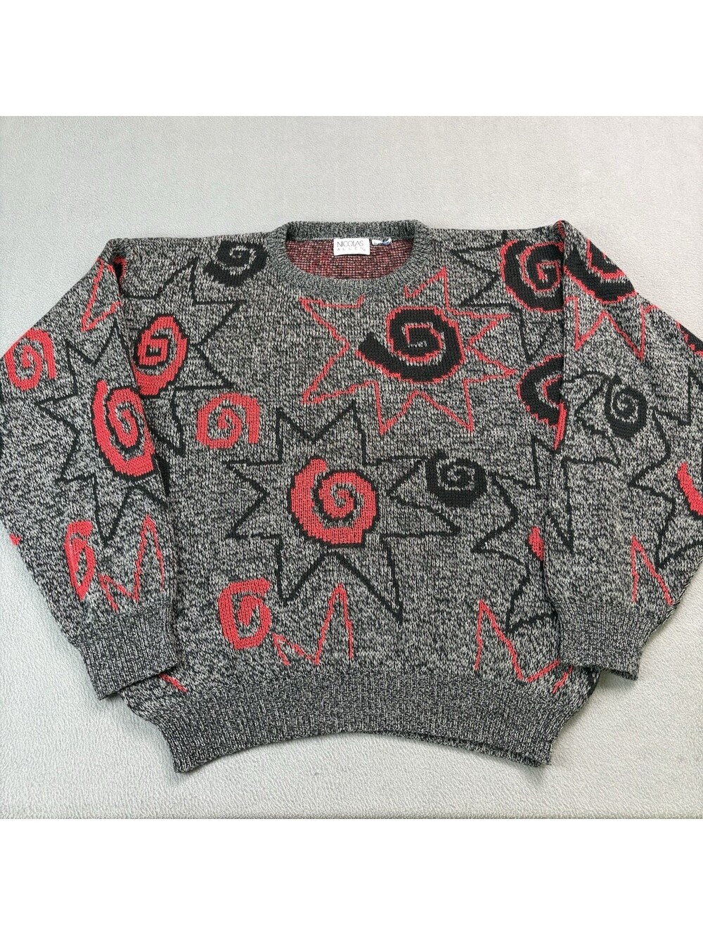 Vintage Nicolas Allen Sun Patterned Knit Sweater Size Large Gray